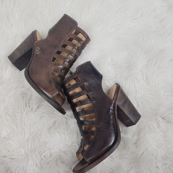 Bed Stu Occam Wedge Caged Sandals Sz 8 Teak Rustic Leather Peep Heels - Picture 3 of 10